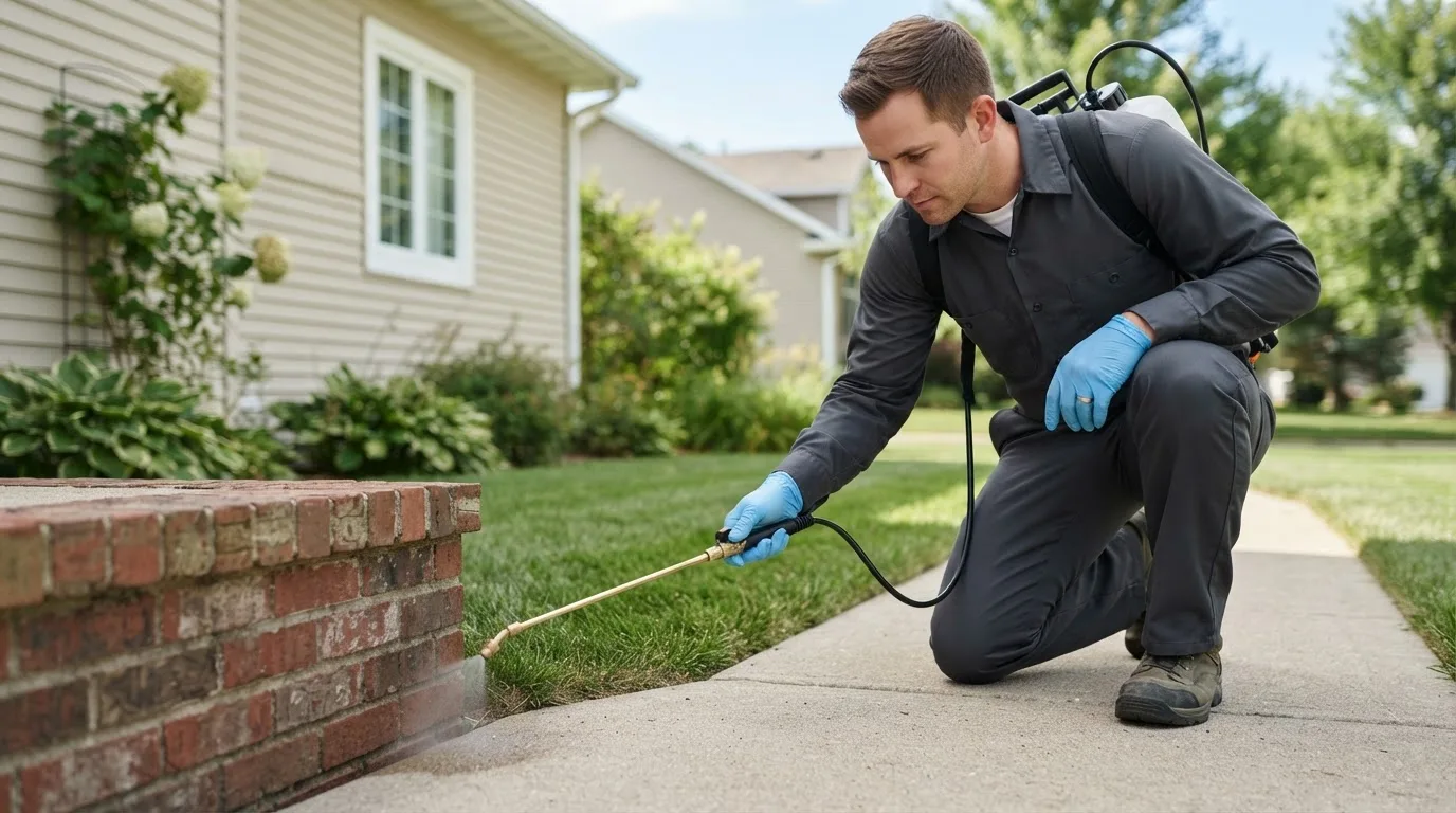 Pest control technician treating a home near Clare, IL