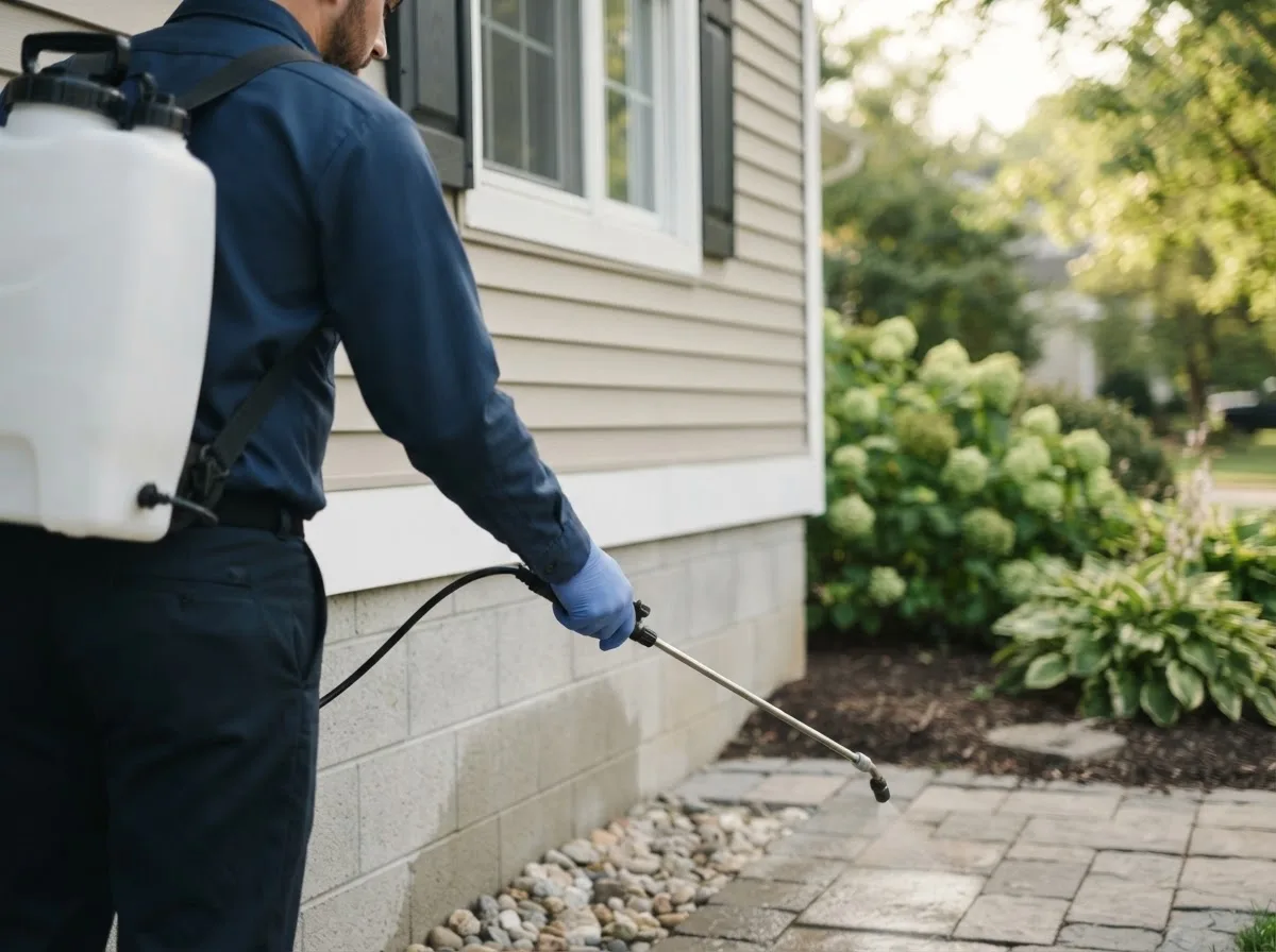 Pest control technician inspecting a home in Clare, IL